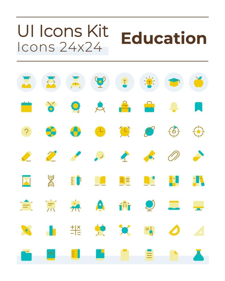 Distance learning platform flat color ui icons set. Educational software for students. Online school. GUI, UX design for mobile app. Vector isolated RGB pictograms.