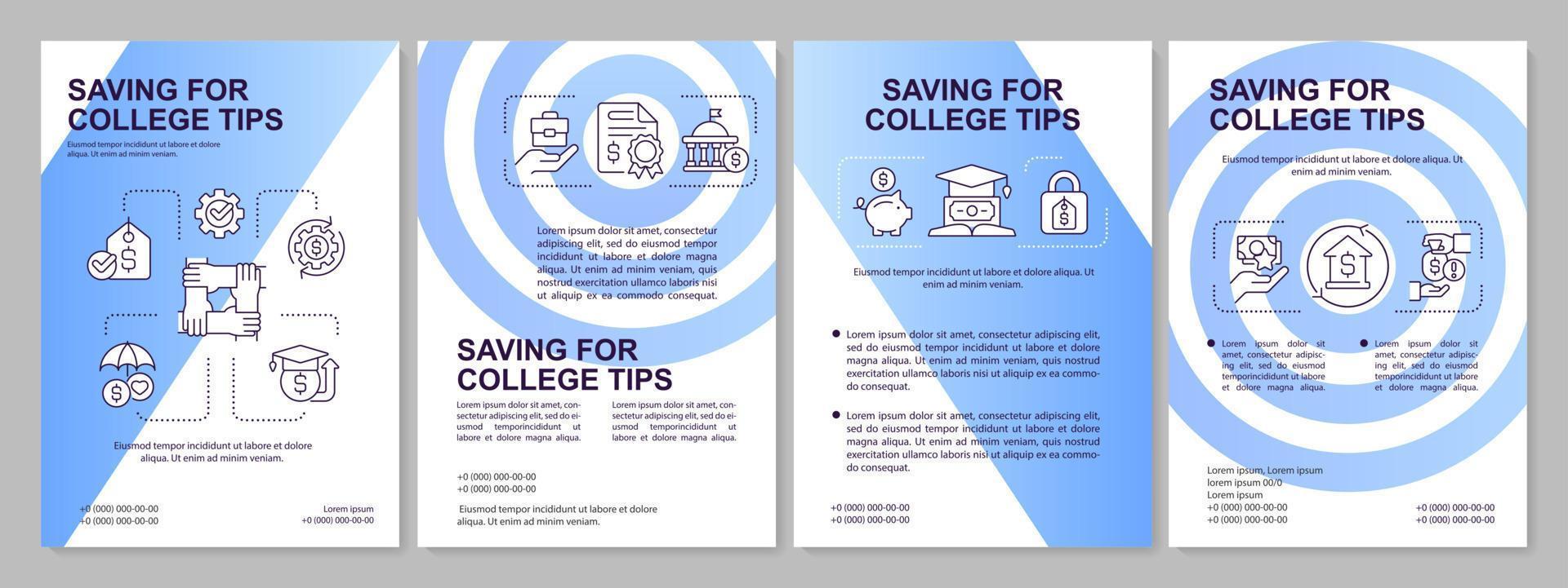 Saving finances for college tips blue brochure template. Leaflet design with linear icons. Editable 4 vector layouts for presentation, annual reports.