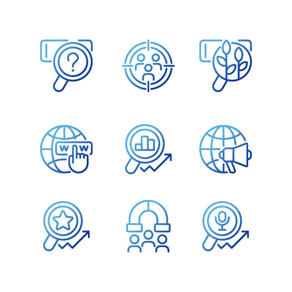 Target market analysis pixel perfect gradient linear vector icons set. Customers attracting. Worldwide marketing. Thin line contour symbol designs bundle. Isolated outline illustrations collection