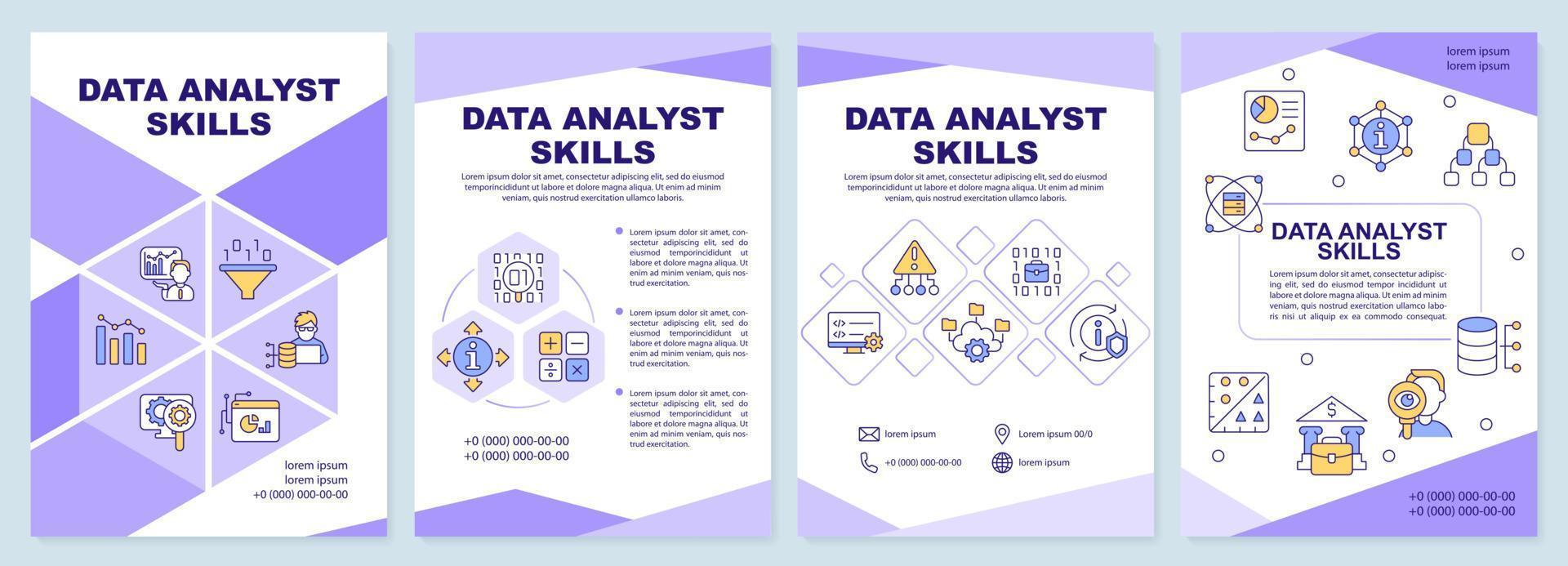 Data analyst skills brochure template. Computer science. Leaflet design with linear icons. Editable 4 vector layouts for presentation, annual reports.