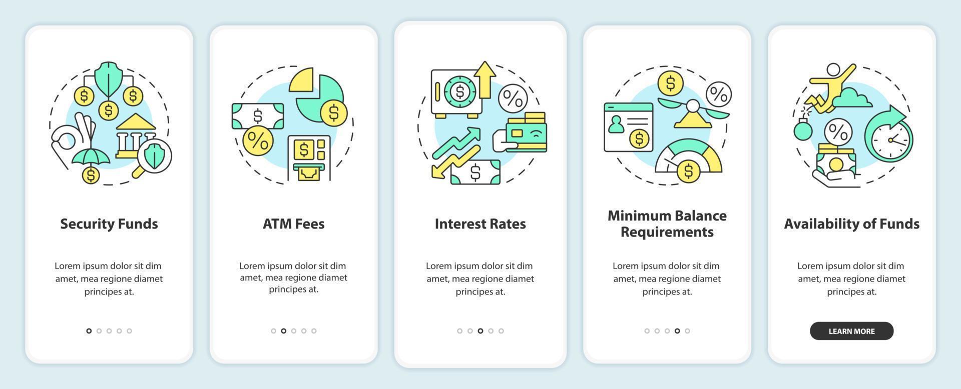 Choosing credit union onboarding mobile app screen. Banking walkthrough 5 steps editable graphic instructions with linear concepts. UI, UX, GUI template. vector