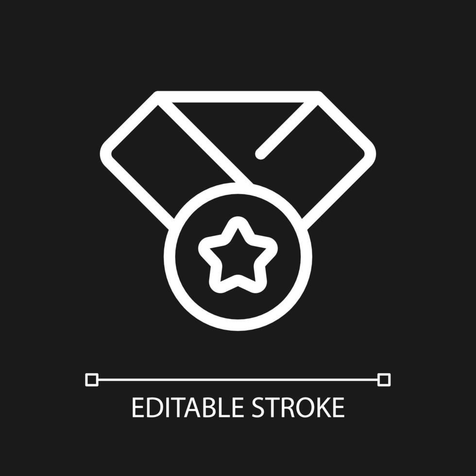 Award badge pixel perfect white linear ui icon for dark theme. Reward. Outstanding achievement. Vector line pictogram. Isolated user interface symbol for night mode. Editable stroke.