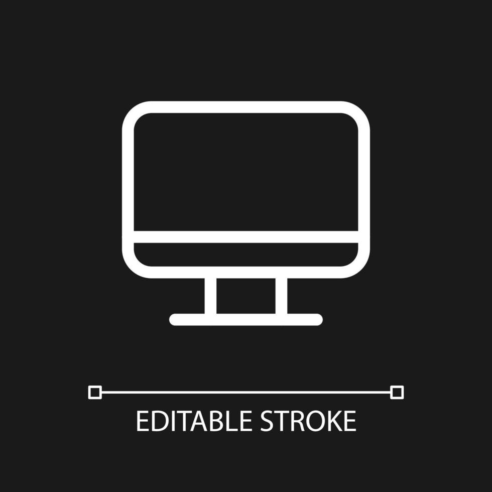 Computer monitor pixel perfect white linear ui icon for dark theme. Electronic equipment. Vector line pictogram. Isolated user interface symbol for night mode. Editable stroke.