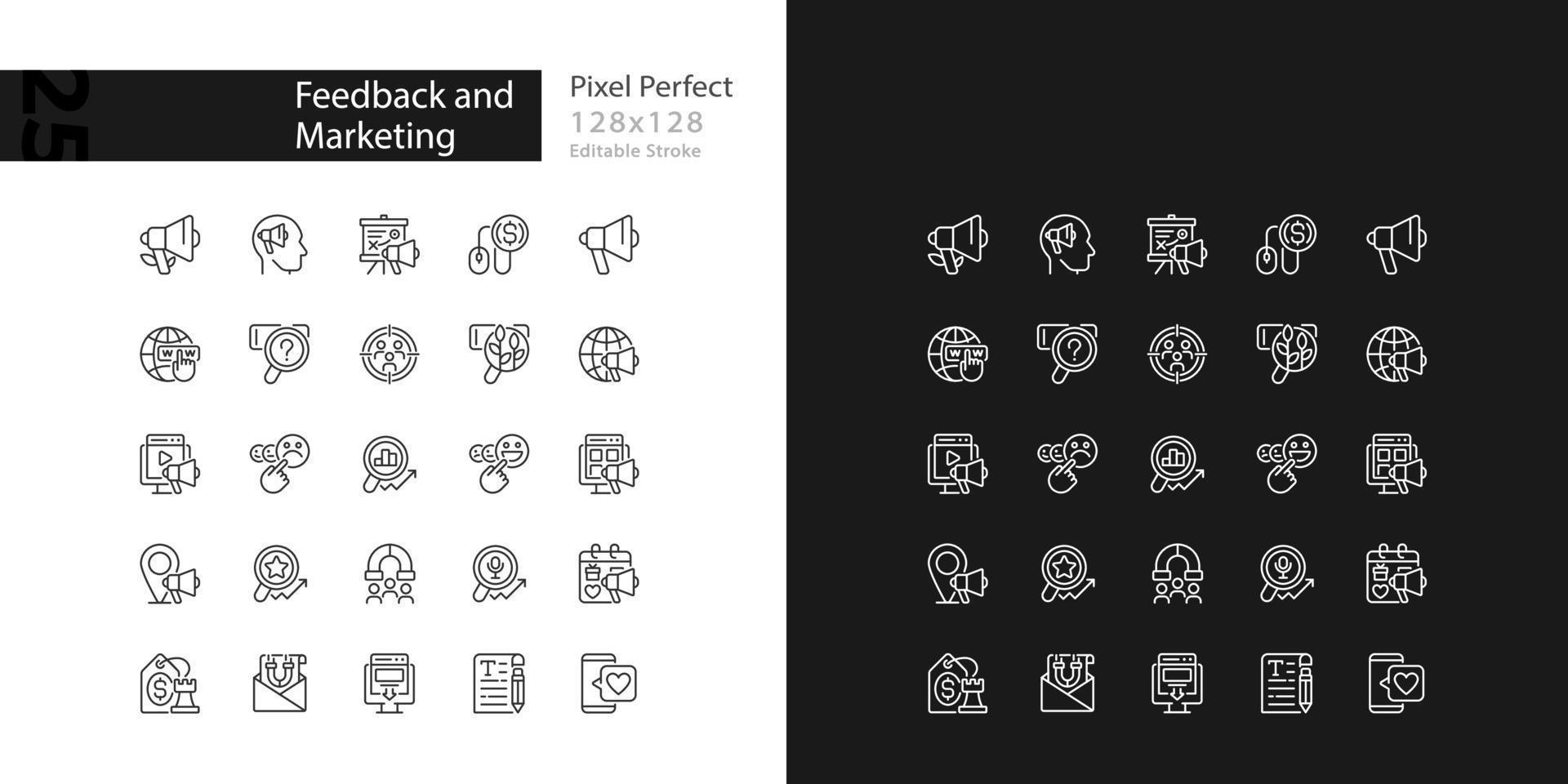 iconos lineales perfectos de píxeles de retroalimentación y marketing establecidos para el modo oscuro y claro. optimización publicitaria. involucrar a los clientes. símbolos de línea delgada para el tema de la noche y el día. ilustraciones aisladas. trazo editable vector