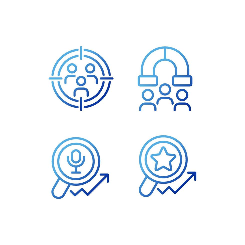 Audience research and analysis pixel perfect gradient linear vector icons set. Customer segmentation. Voice search. Thin line contour symbol designs bundle. Isolated outline illustrations collection