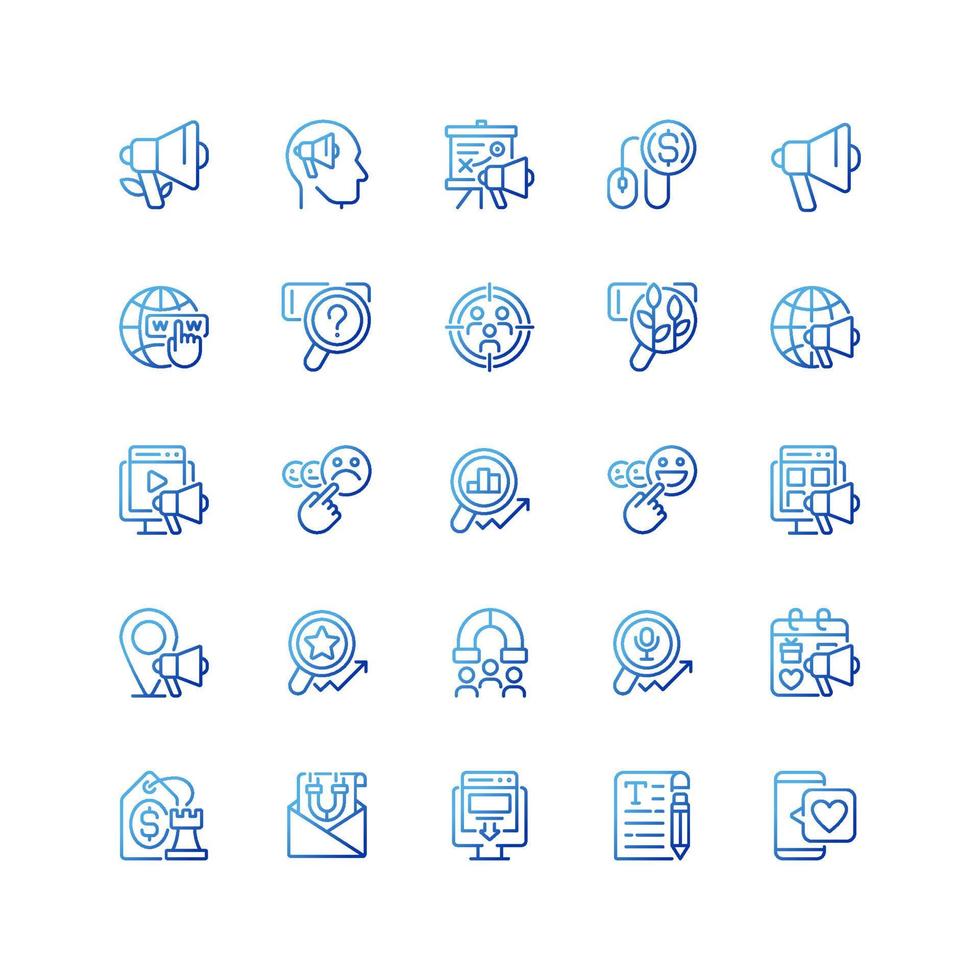 Feedback and marketing pixel perfect gradient linear vector icons set. Advertising optimization. Customer engagement. Thin line contour symbol designs bundle. Isolated outline illustrations collection
