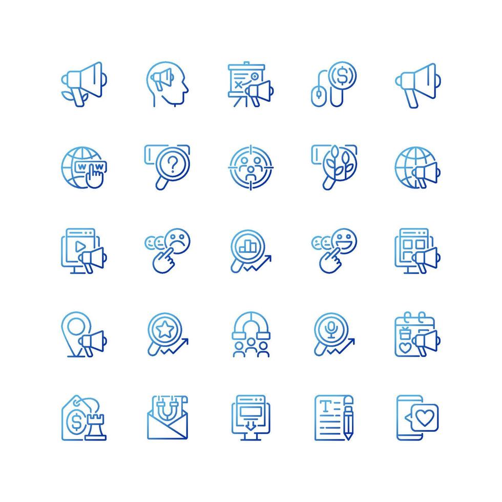 Feedback and marketing pixel perfect gradient linear vector icons set. Advertising optimization. Customer engagement. Thin line contour symbol designs bundle. Isolated outline illustrations collection