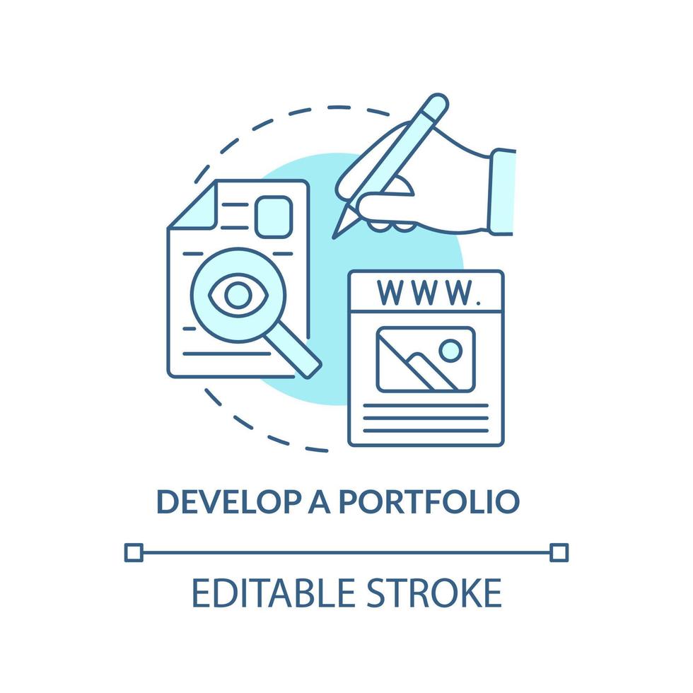 Develop portfolio turquoise concept icon. Website samples. Becoming web designer abstract idea thin line illustration. Isolated outline drawing. Editable stroke. vector