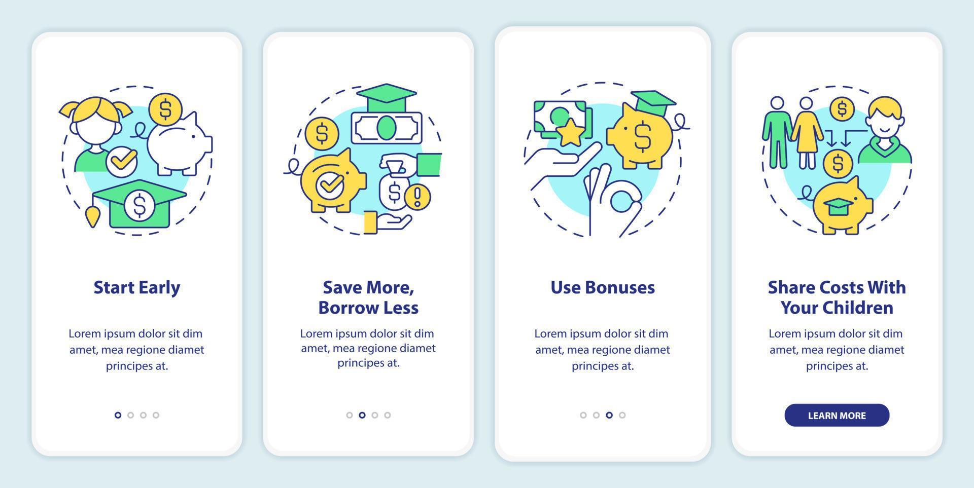 Tips for saving for college onboarding mobile app screen. Education walkthrough 4 steps editable graphic instructions with linear concepts. UI, UX, GUI template. vector