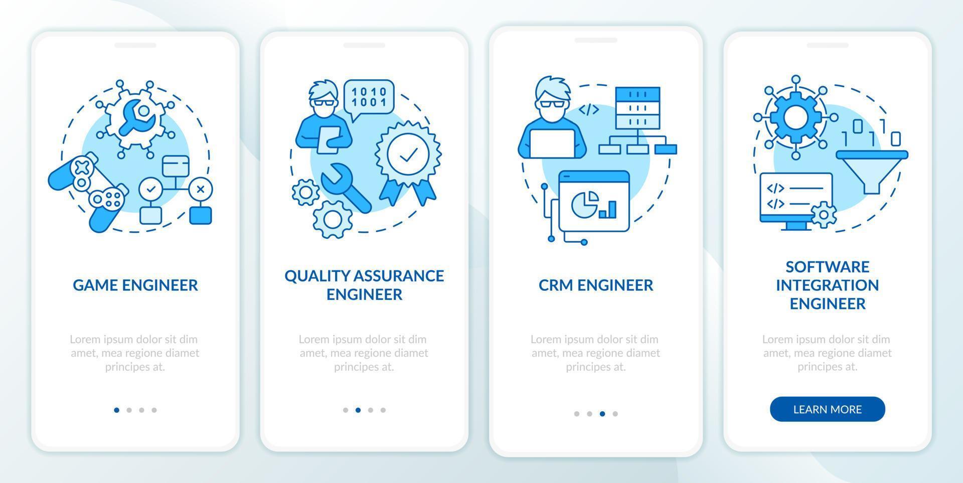 Software engineer paths blue onboarding mobile app screen. Walkthrough 4 steps editable graphic instructions with linear concepts. UI, UX, GUI template. vector