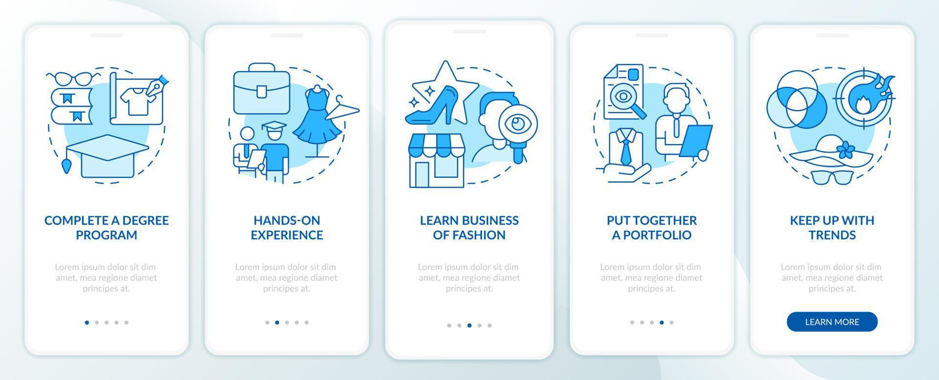 convertirse en diseñador de moda pantalla de aplicación móvil de incorporación azul. tutorial 5 pasos instrucciones gráficas editables con conceptos lineales. interfaz de usuario, ux, plantilla de interfaz gráfica de usuario. vector