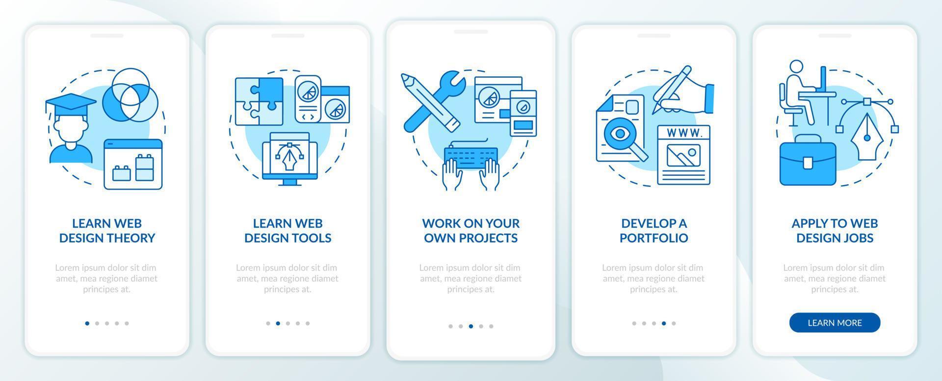 Becoming web designer blue onboarding mobile app screen. Walkthrough 5 steps editable graphic instructions with linear concepts. UI, UX, GUI template. vector