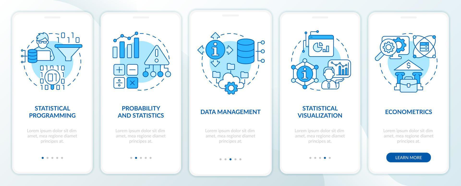 Data analyst skills blue onboarding mobile app screen. Profession walkthrough 5 steps editable graphic instructions with linear concepts. UI, UX, GUI template. vector