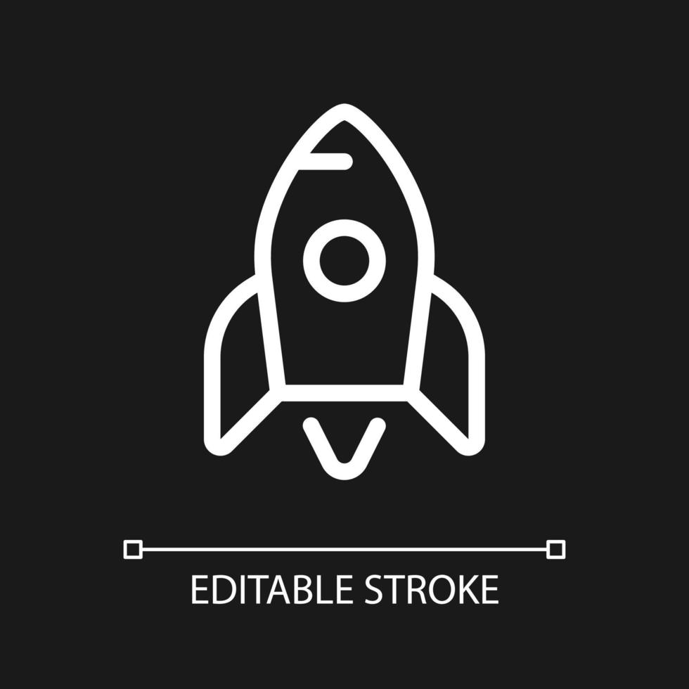 Rocket pixel perfect white linear ui icon for dark theme. Startup success. Launching spacecraft. Vector line pictogram. Isolated user interface symbol for night mode. Editable stroke.