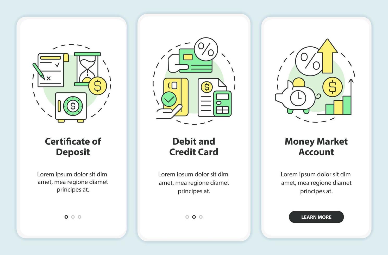 Banking products onboarding mobile app screen. Finance walkthrough 3 steps editable graphic instructions with linear concepts. UI, UX, GUI template. vector