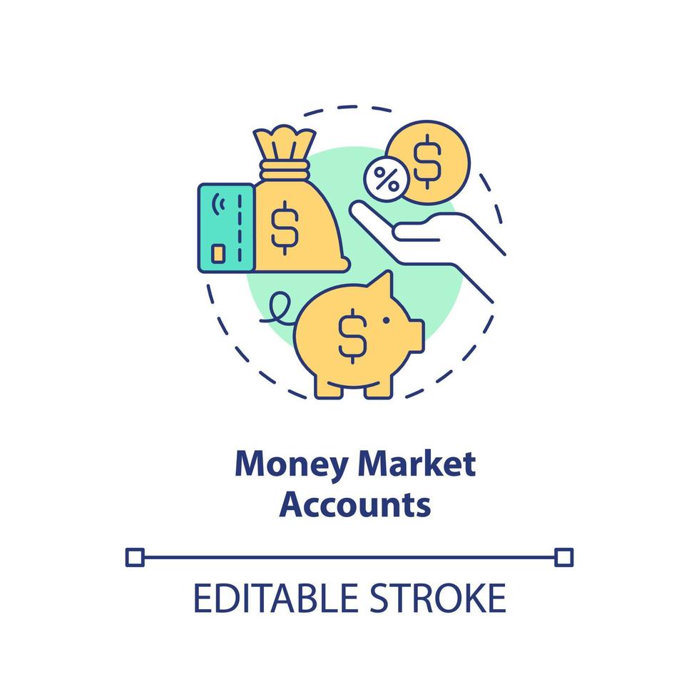 icono de concepto de cuentas de mercado monetario. inversión y beneficio. tipo de plan de ahorro idea abstracta ilustración de línea delgada. dibujo de contorno aislado. trazo editable. vector