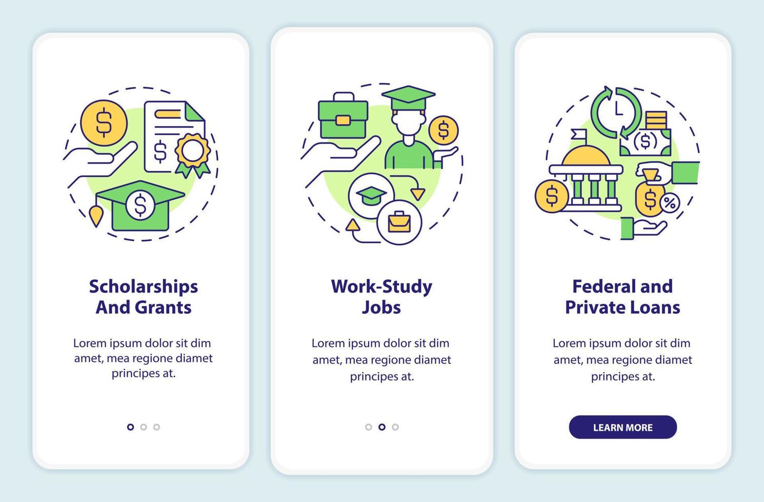 Financial aid onboarding mobile app screen. Student support walkthrough 3 steps editable graphic instructions with linear concepts. UI, UX, GUI template. vector