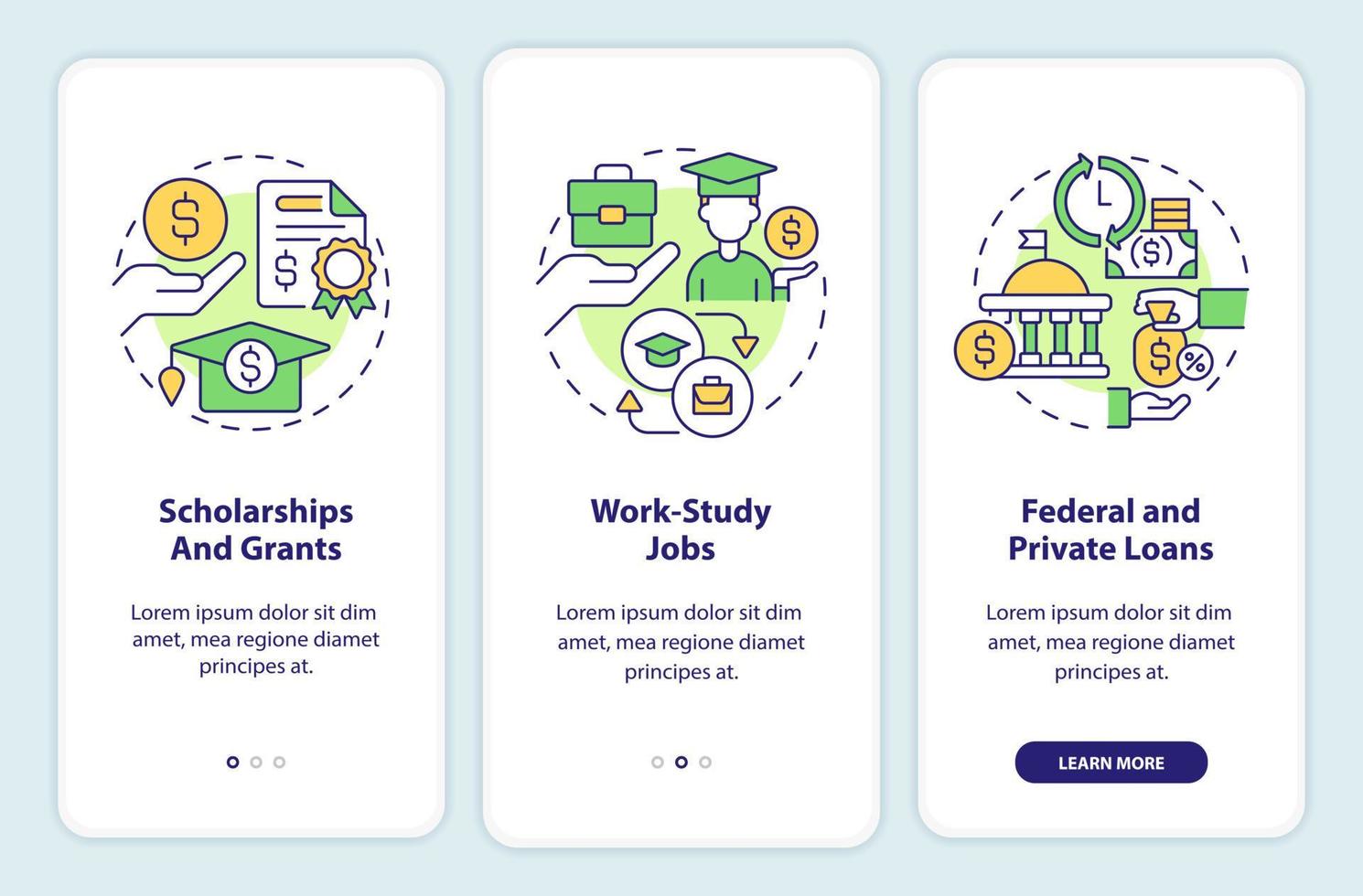 pantalla de aplicación móvil de incorporación de ayuda financiera. tutorial de apoyo al estudiante instrucciones gráficas editables de 3 pasos con conceptos lineales. interfaz de usuario, ux, plantilla de interfaz gráfica de usuario. vector