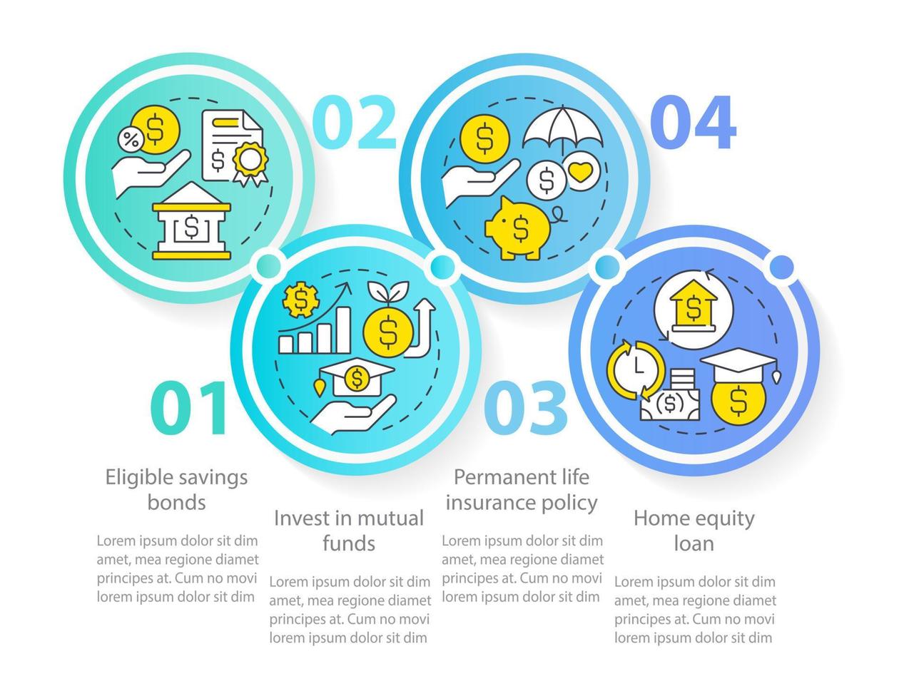 Ways to save for college circle infographic template. Finance. Data visualization with 4 steps. Editable timeline info chart. Workflow layout with line icons. vector