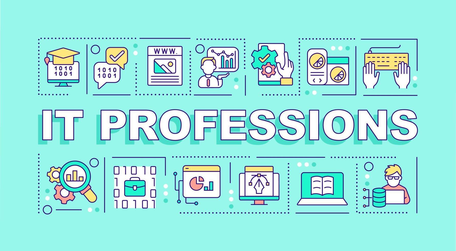 IT professions word concepts turquoise banner. Computer science. Infographics with editable icons on color background. Isolated typography. Vector illustration with text.