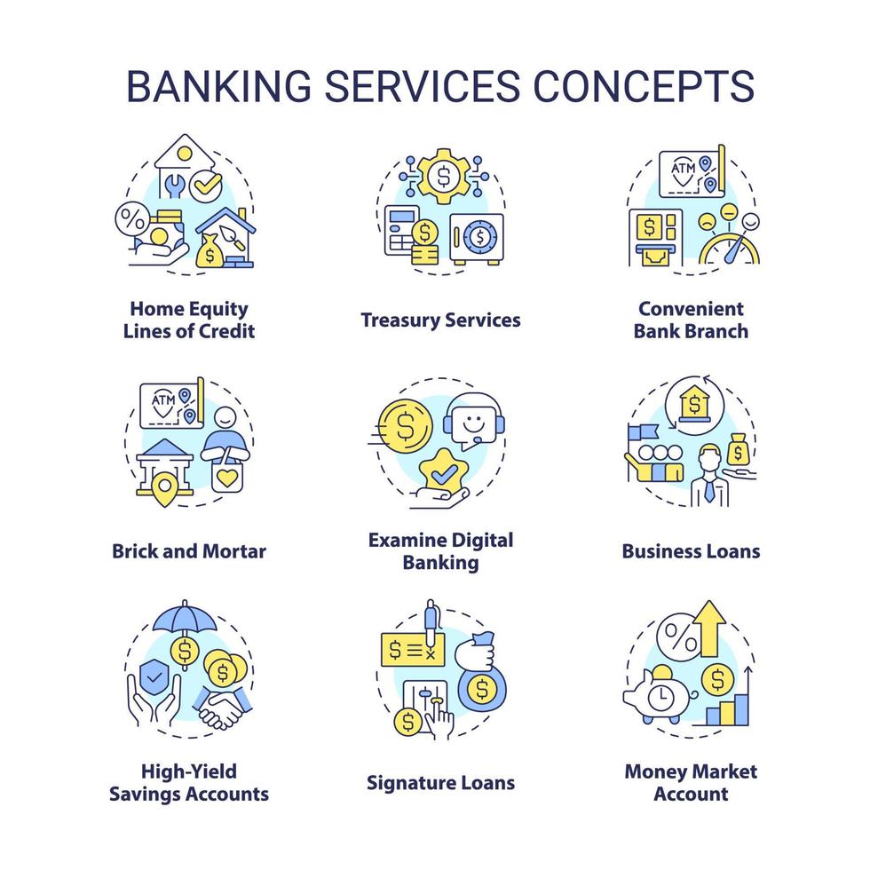 Banking services concept icons set. Financial operations system. Money protection idea thin line color illustrations. Isolated symbols. Editable stroke. vector