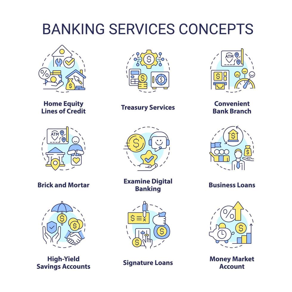 conjunto de iconos de concepto de servicios bancarios. sistema de operaciones financieras. idea de protección del dinero ilustraciones en color de línea delgada. símbolos aislados. trazo editable. vector