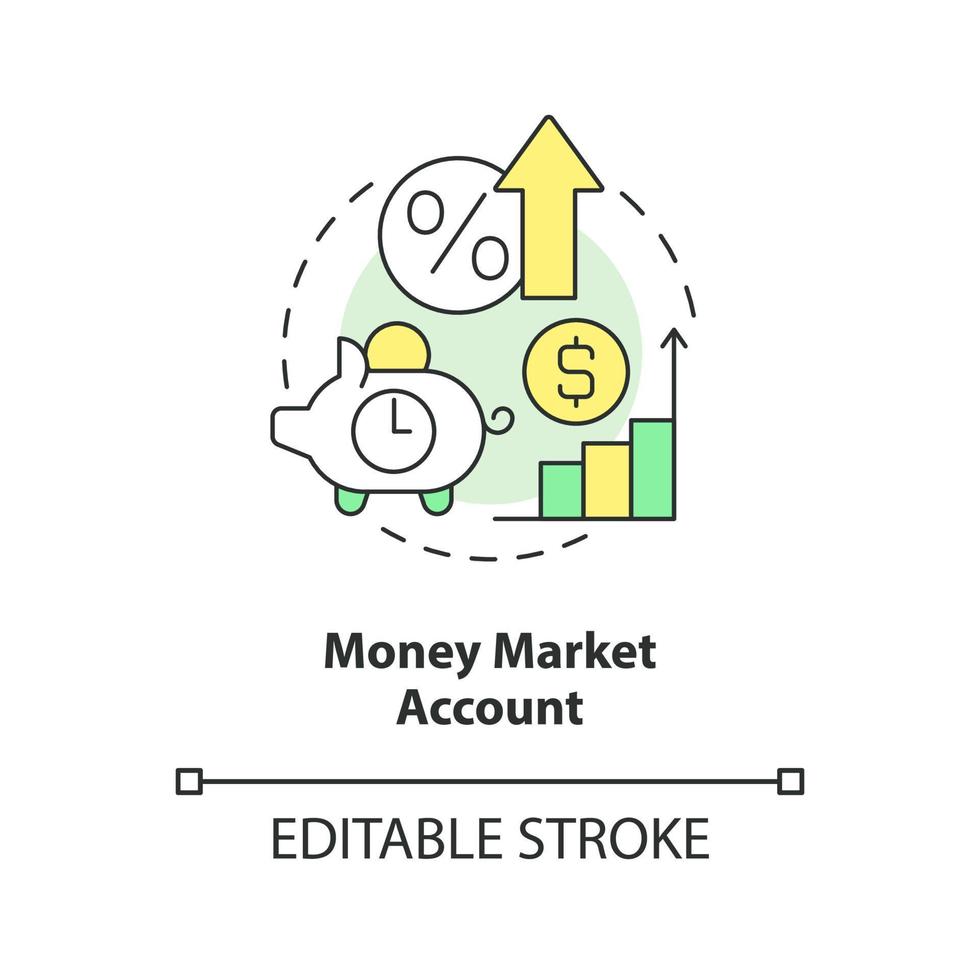 icono de concepto de cuenta de mercado monetario. altas tasas de ahorro. producto bancario idea abstracta ilustración de línea delgada. dibujo de contorno aislado. trazo editable. vector