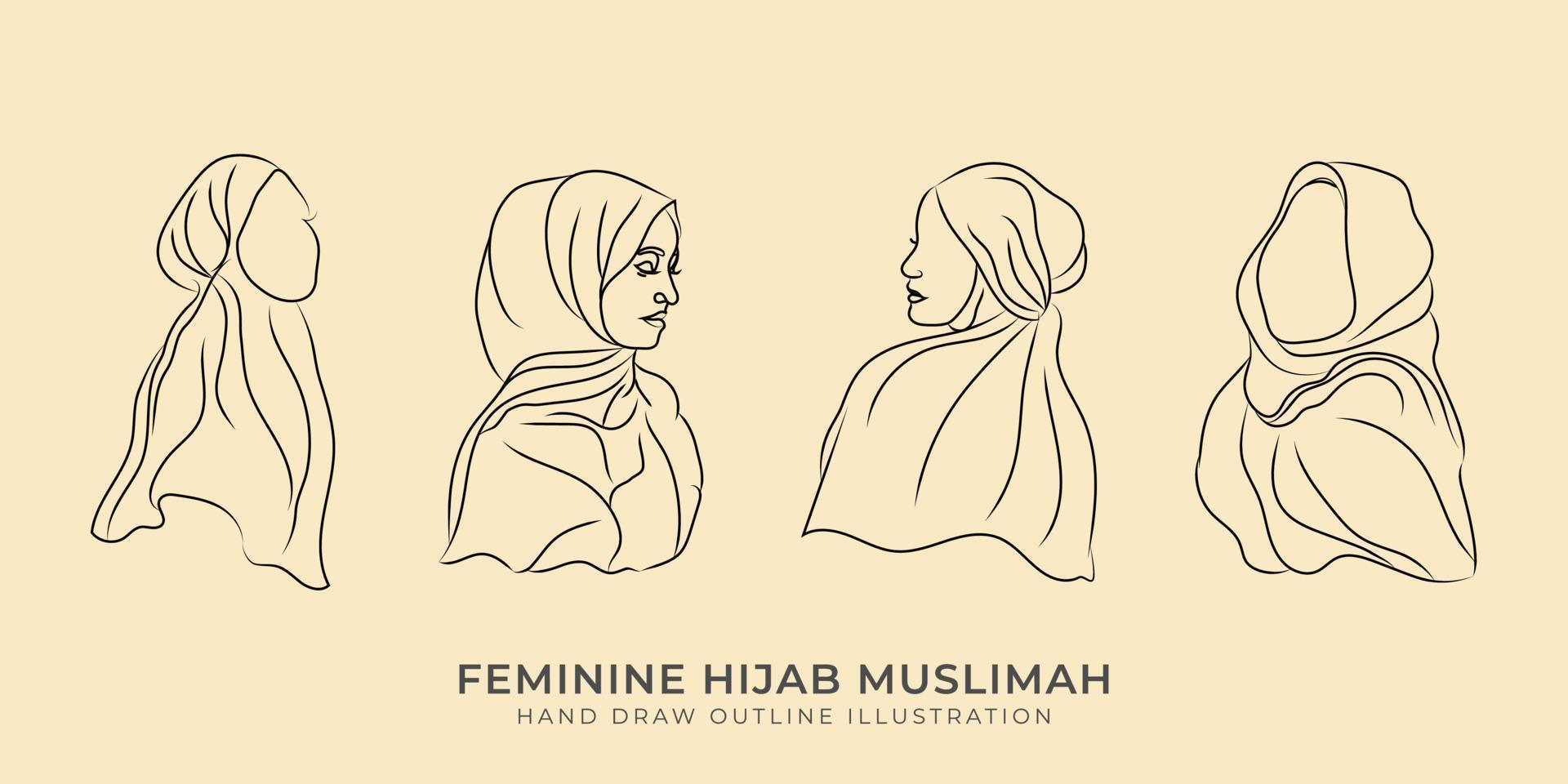 conjunto de ilustración de contorno de hijab femenino vector