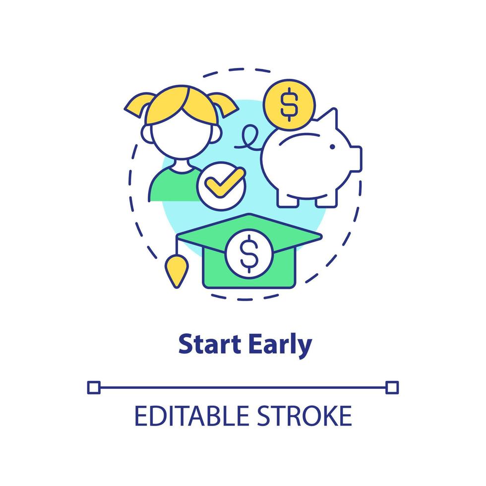 Start early concept icon. Money for education. Tip for saving for college abstract idea thin line illustration. Isolated outline drawing. Editable stroke. vector