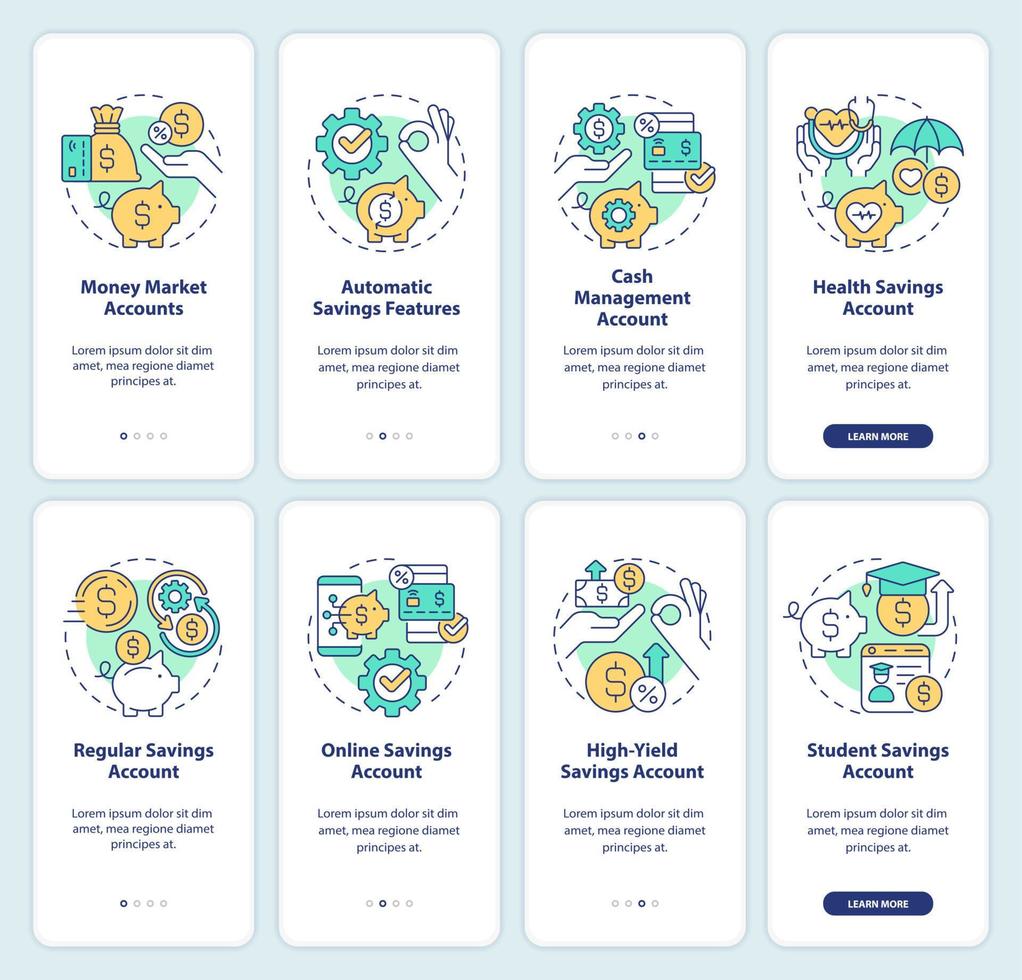 Saving accounts types onboarding mobile app screen set. Money walkthrough 4 steps editable graphic instructions with linear concepts. UI, UX, GUI template. vector