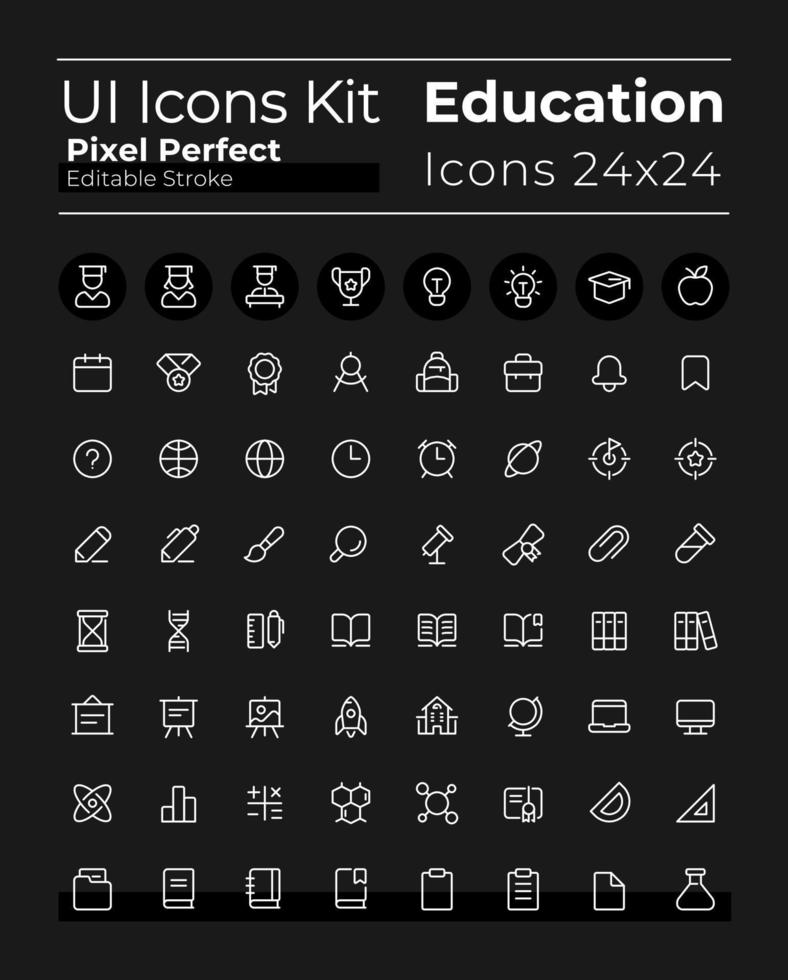 Distance learning pixel perfect white linear ui icons set for dark theme. Isolated user interface symbols for night mode. Vector line pictograms. Editable stroke.