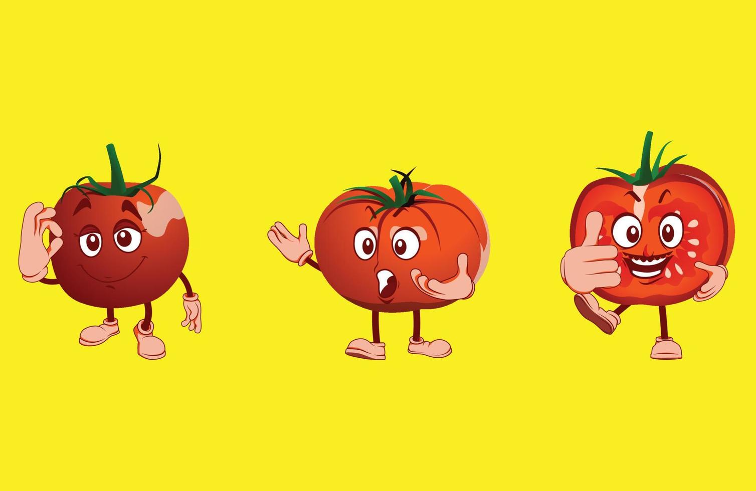 tomate de dibujos animados con muchas expresiones faciales, manos y piernas. vector