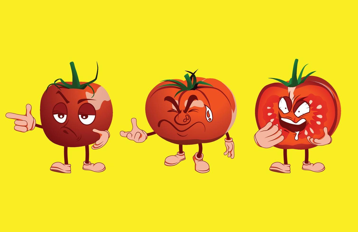 tomate de dibujos animados con muchas expresiones faciales, manos y piernas. vector