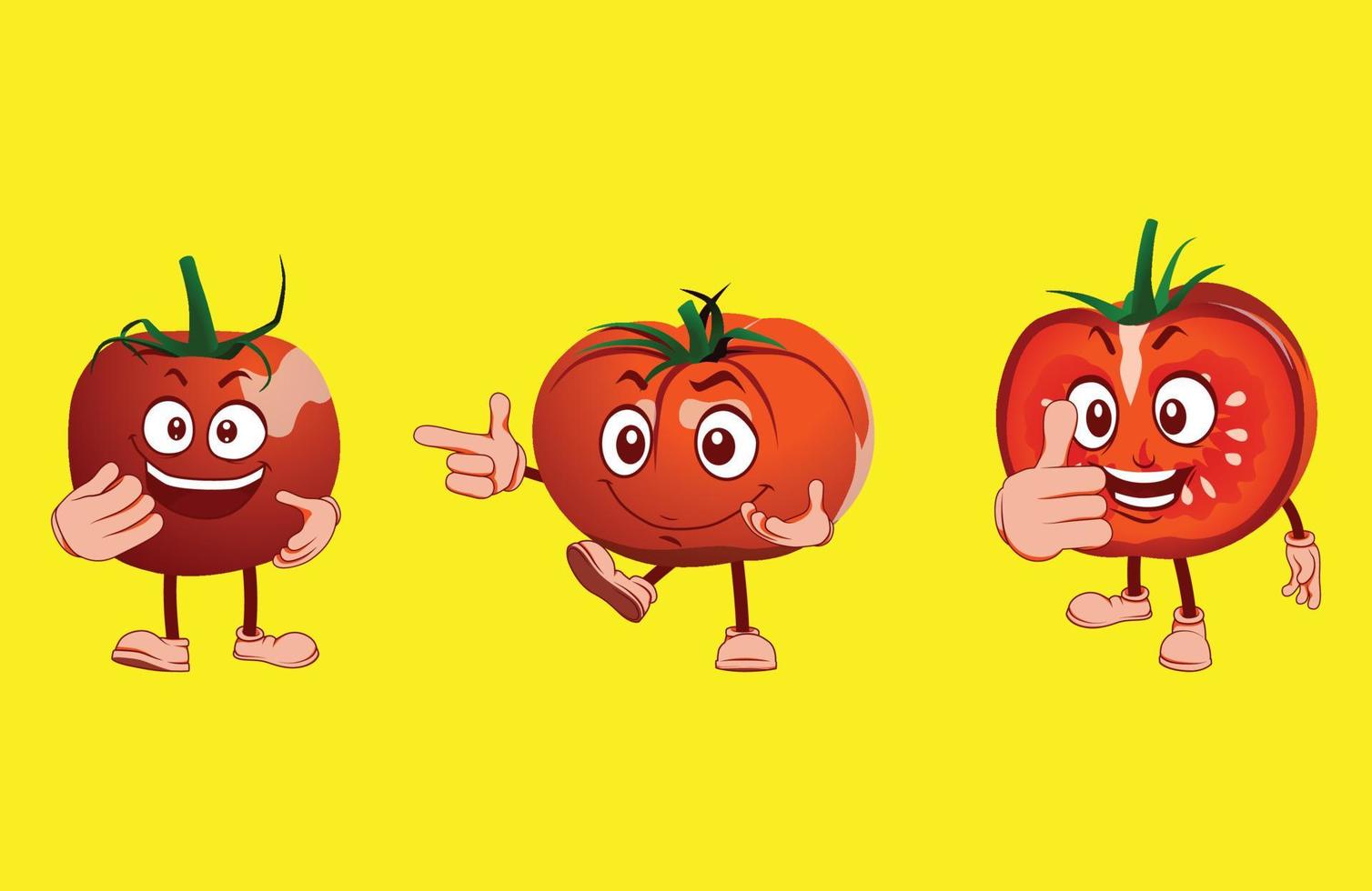 tomate de dibujos animados con muchas expresiones faciales, manos y piernas. vector