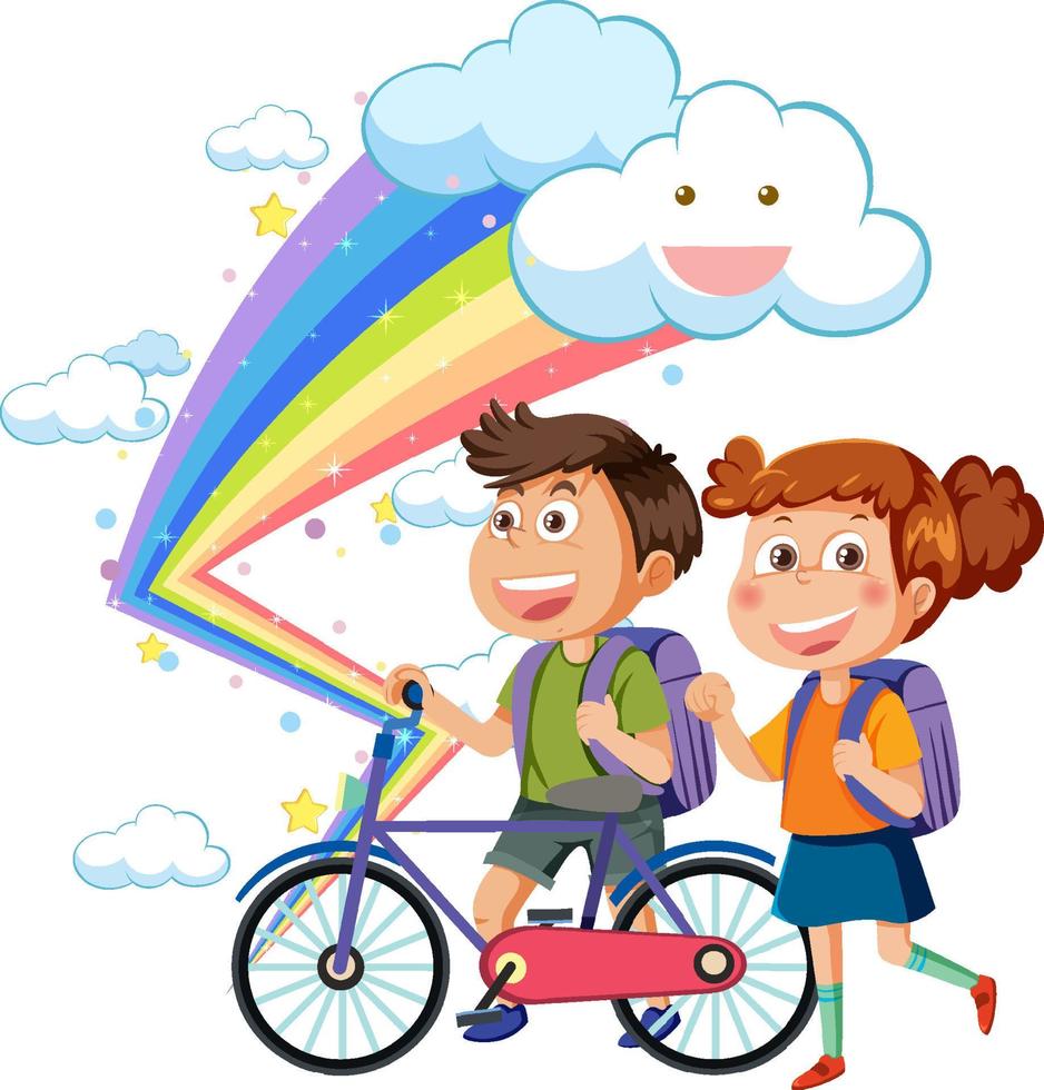 niños felices con arcoiris vector