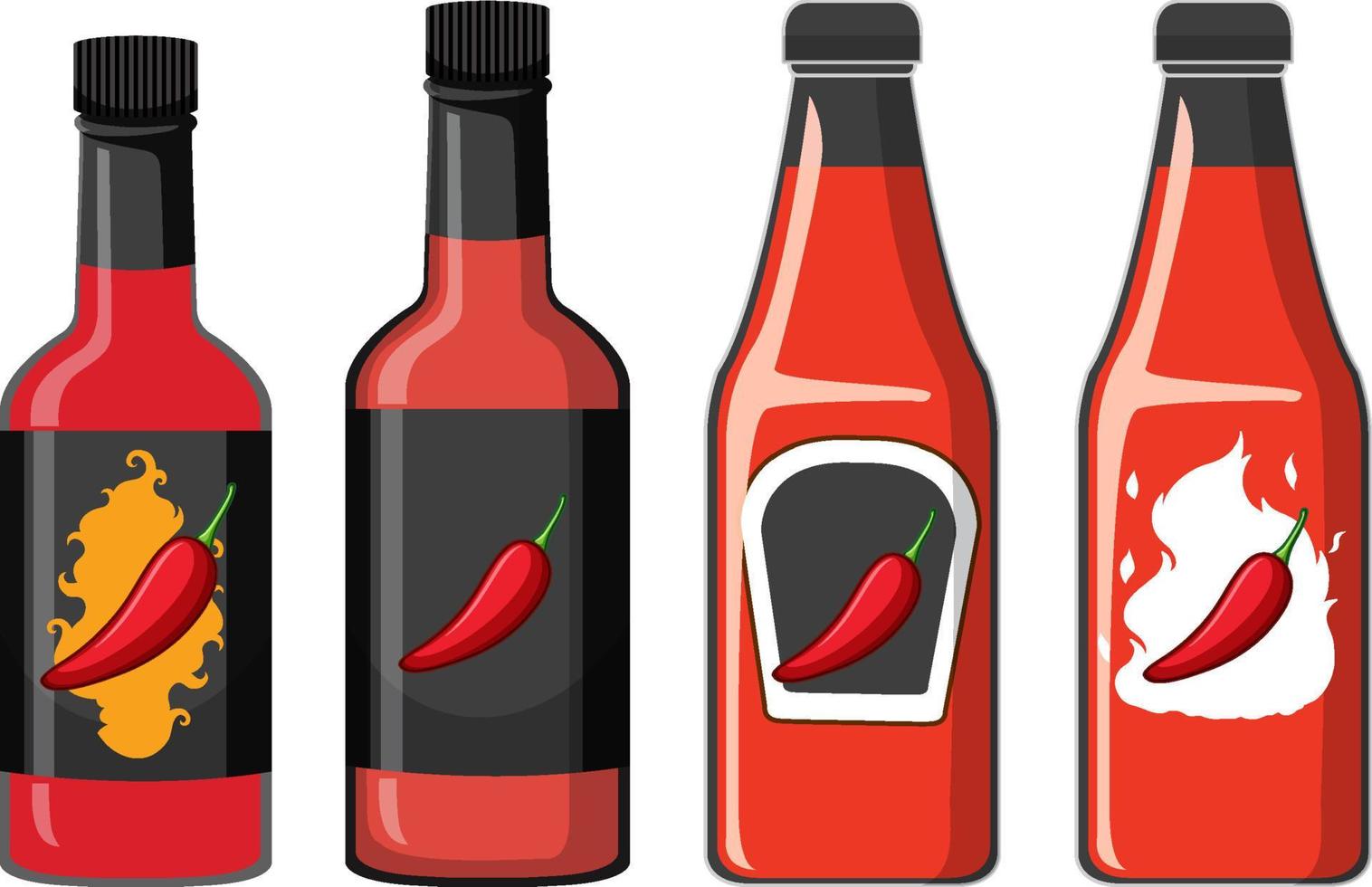 cuatro botellas de salsa de chile diferentes vector