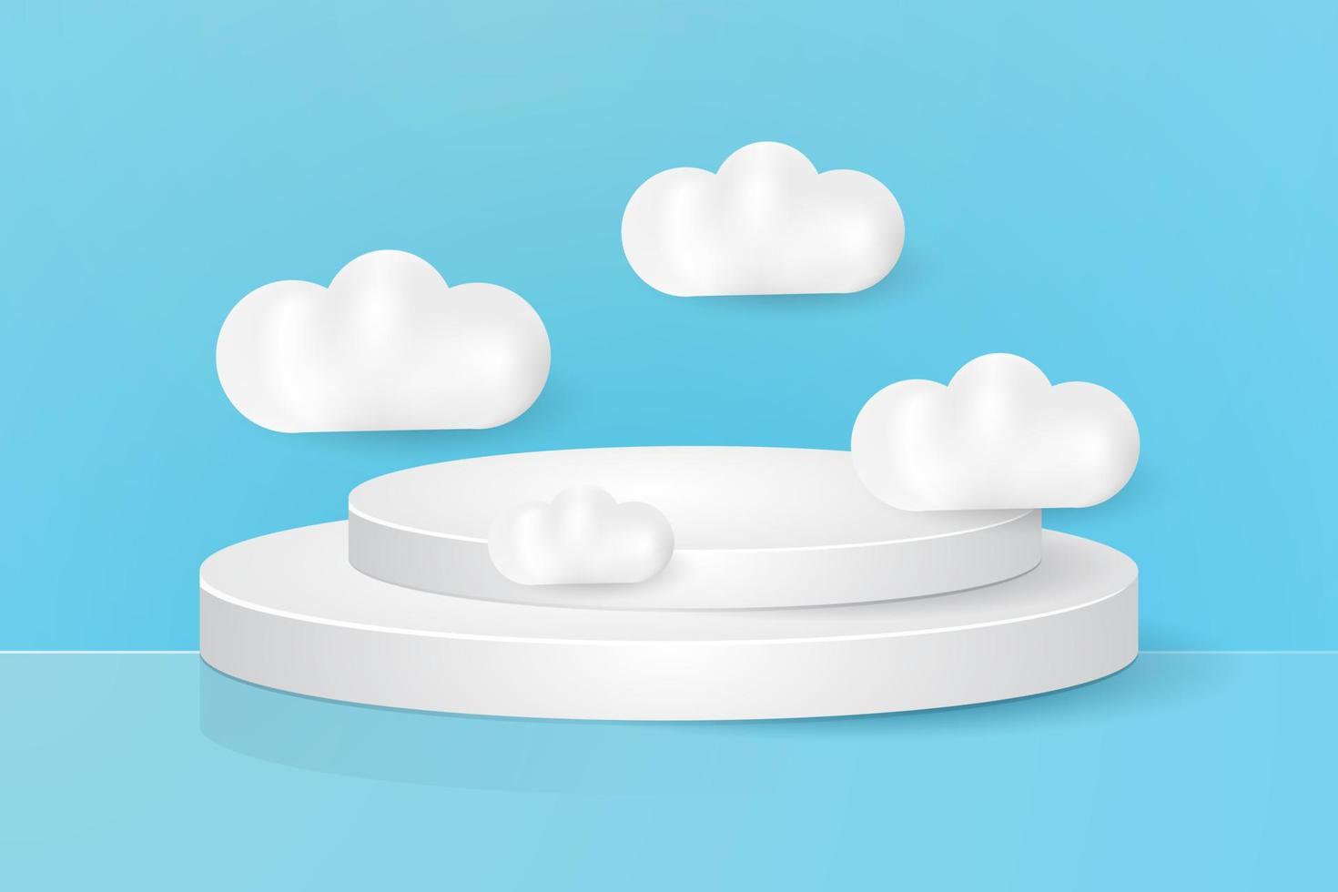 Podio blanco 3d con fondo de adornos de nubes para la presentación del producto vector