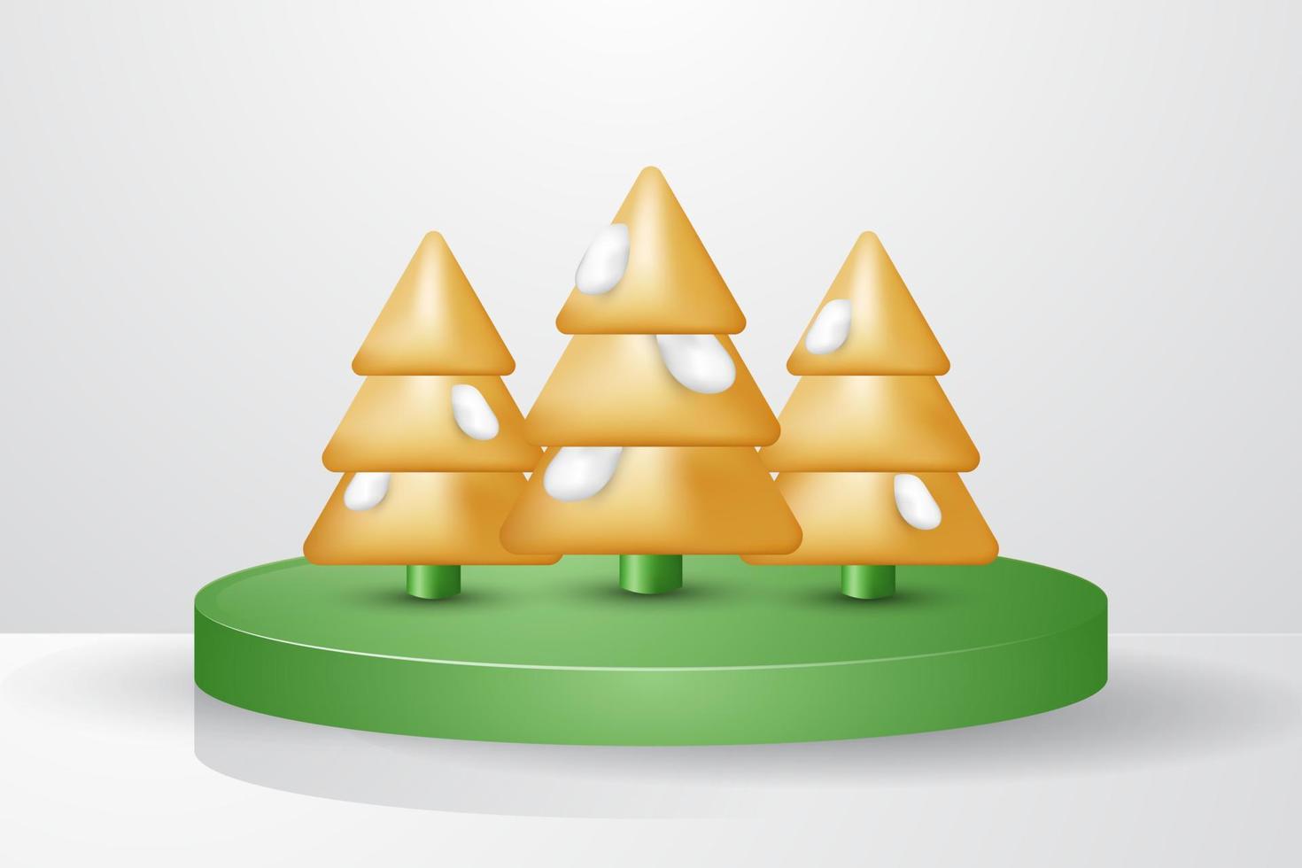 3d golden christmas tree with snow on green podium background vector