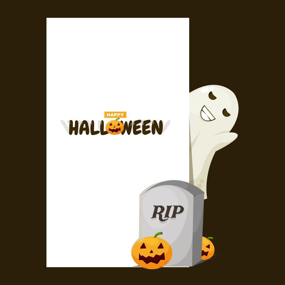 Cute ghost and headstone with happy halloween illustration vector