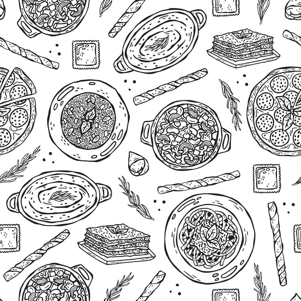 Vector seamless pattern of hand-drawn illustrations of Italian cuisine.