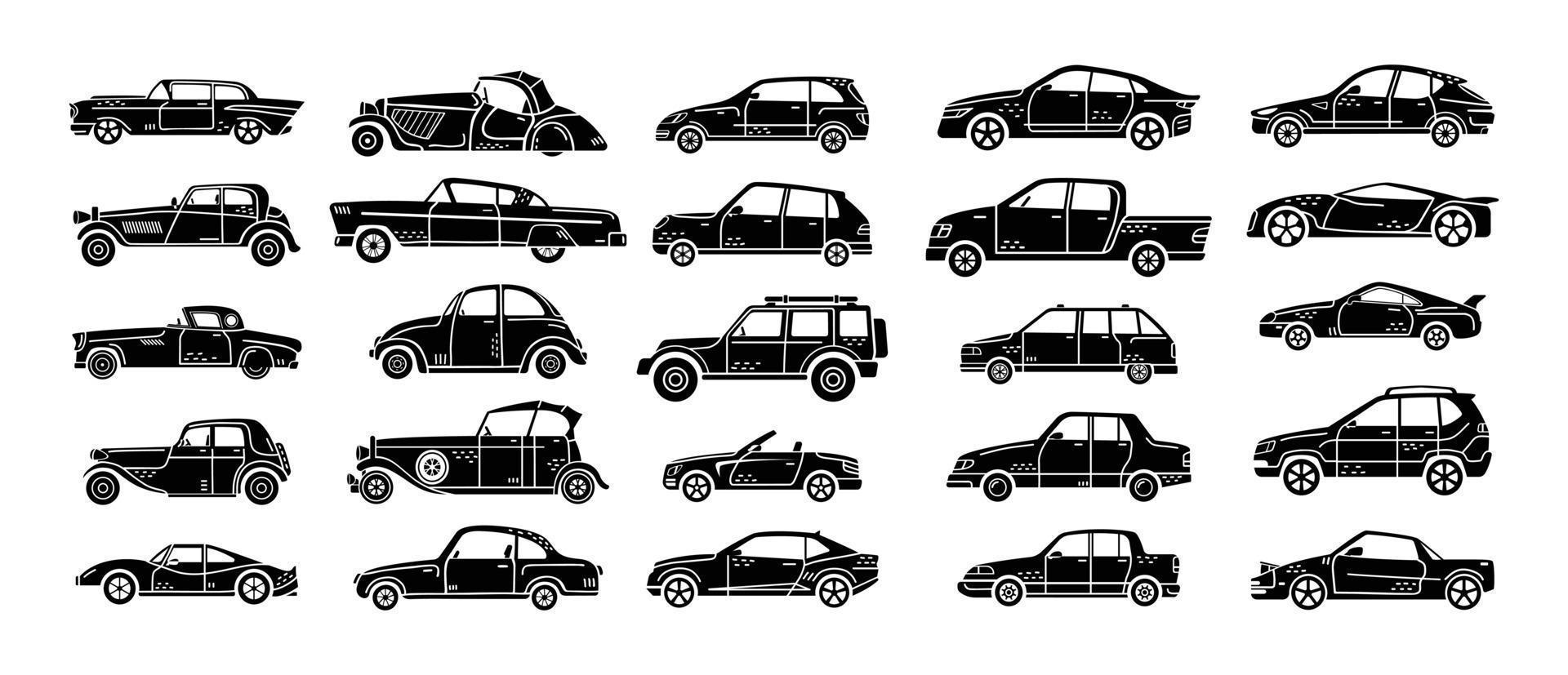 conjunto de vectores de ilustraciones dibujadas a mano de coches. vehículos personales.