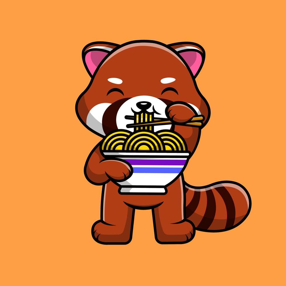 Cute Red Panda Eating Noodles Cartoon Vector Icons Illustration. Flat Cartoon Concept. Suitable for any creative project.