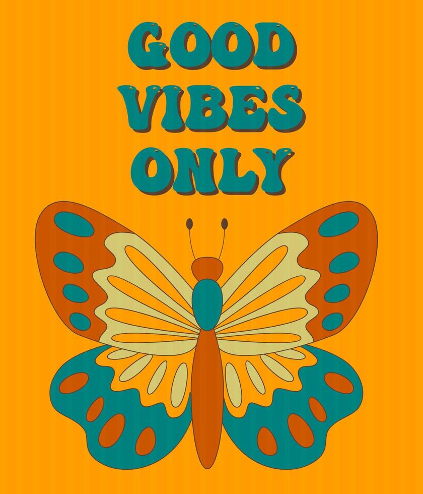 Retro groovy posters 60s 70s with groovy butterfly for cards, stickers or poster design. Typography slogan vector