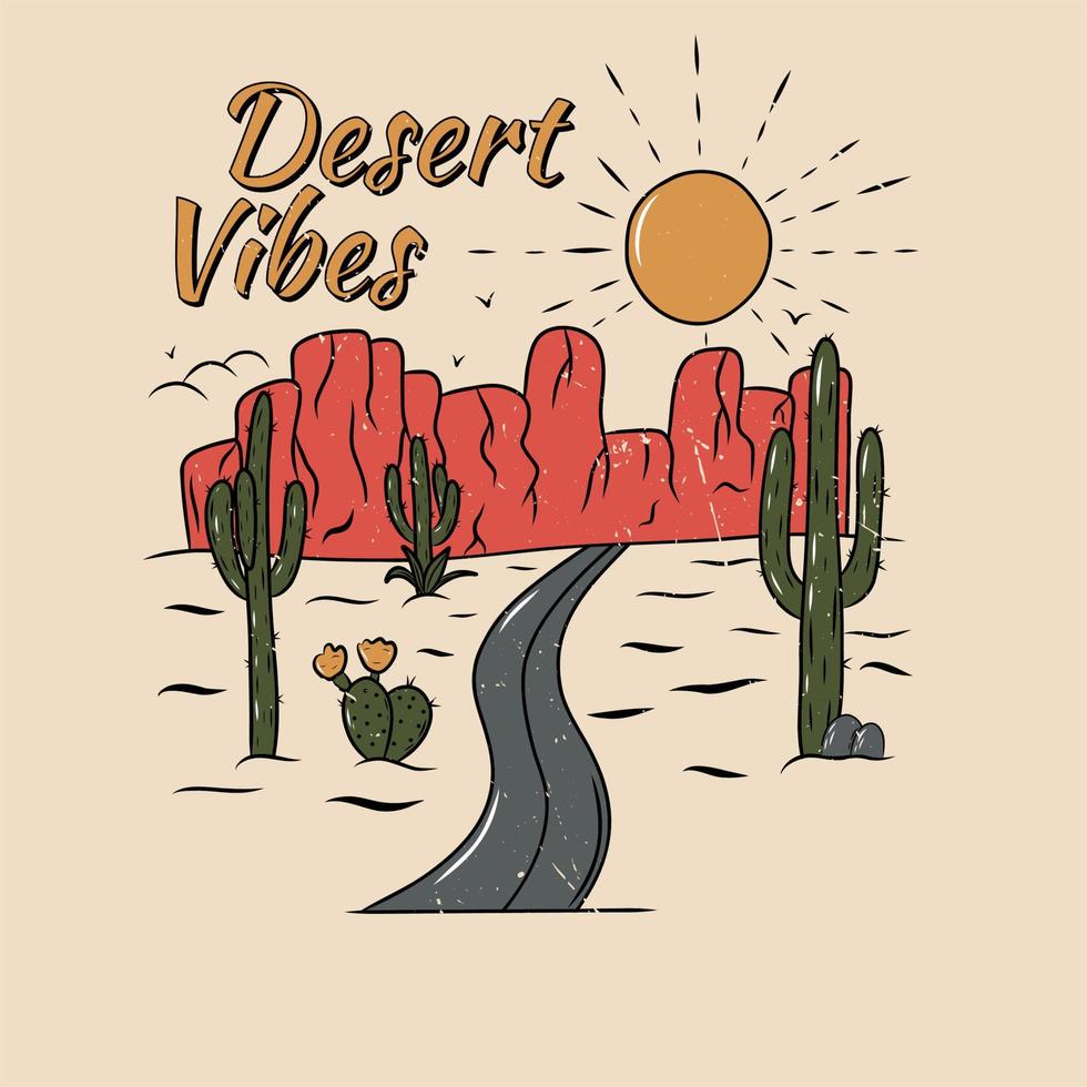 vibraciones del desierto de arizona con cactus y montaña. diseño de impresión para prendas de vestir, pegatinas, camisetas y otros. ilustración retro de la vendimia. vector