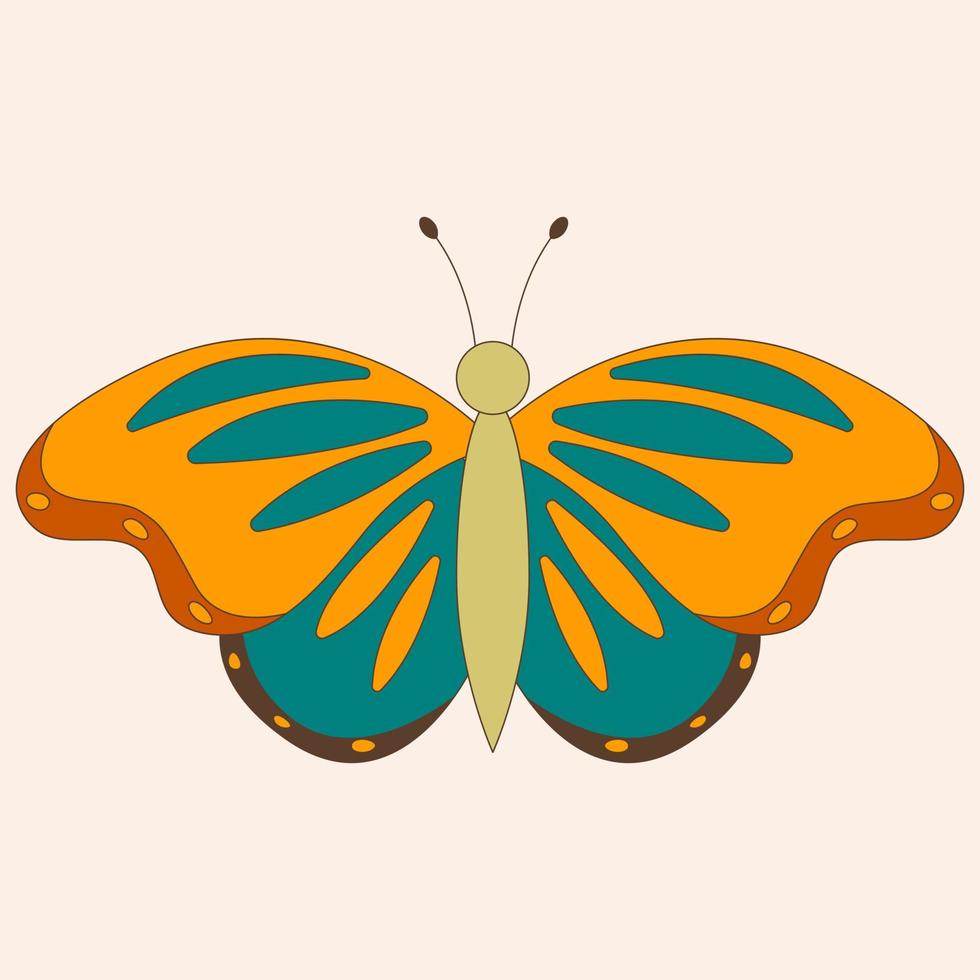 Retro 60s 70s hippie groovy butterfly for cards, stickers or poster design. Flat vector illustration