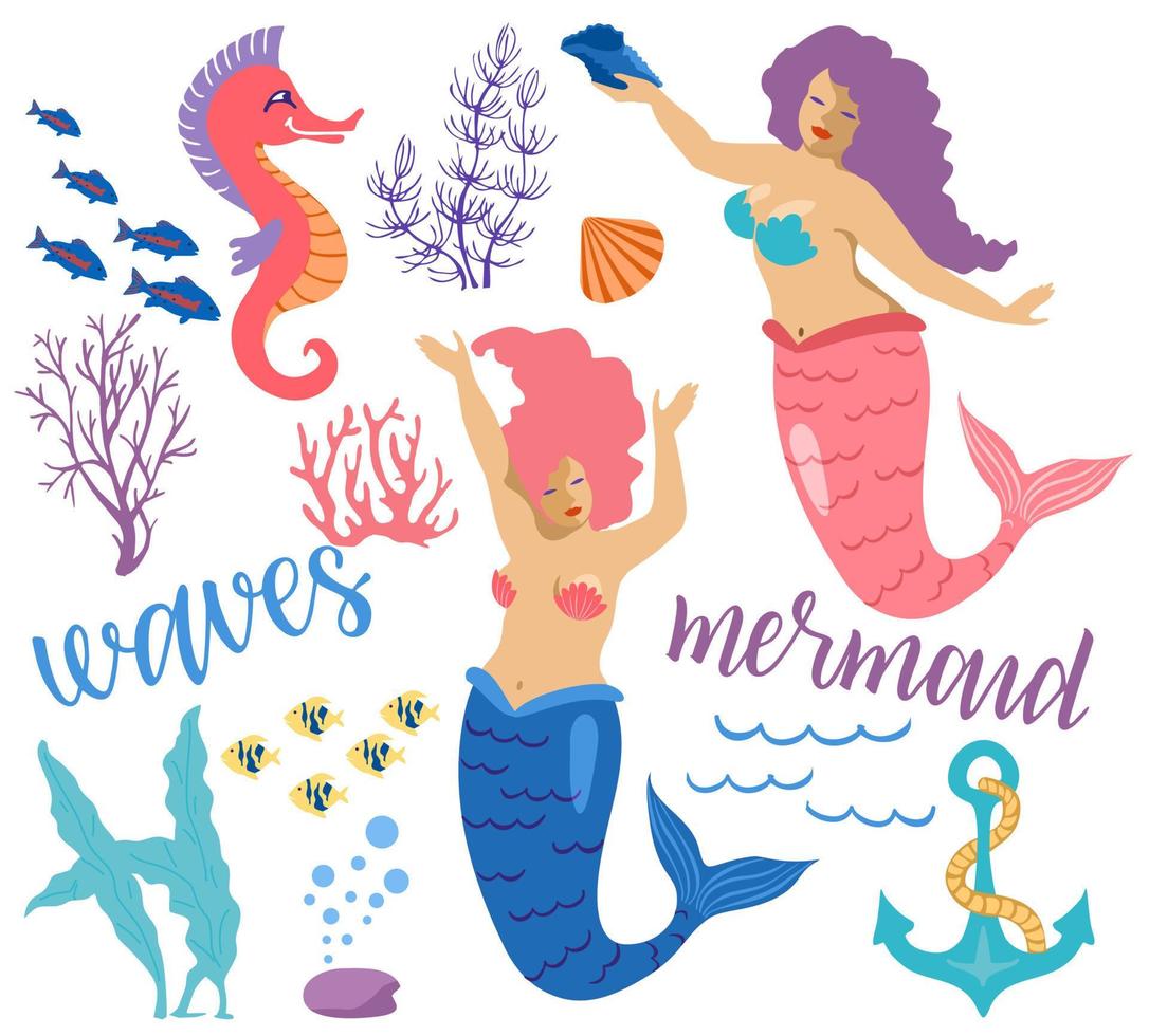 Set of vector colorful Mermaids and sea elements. Mermaids, fish, starfish, seaweed, various shells and seahorse. Marine theme