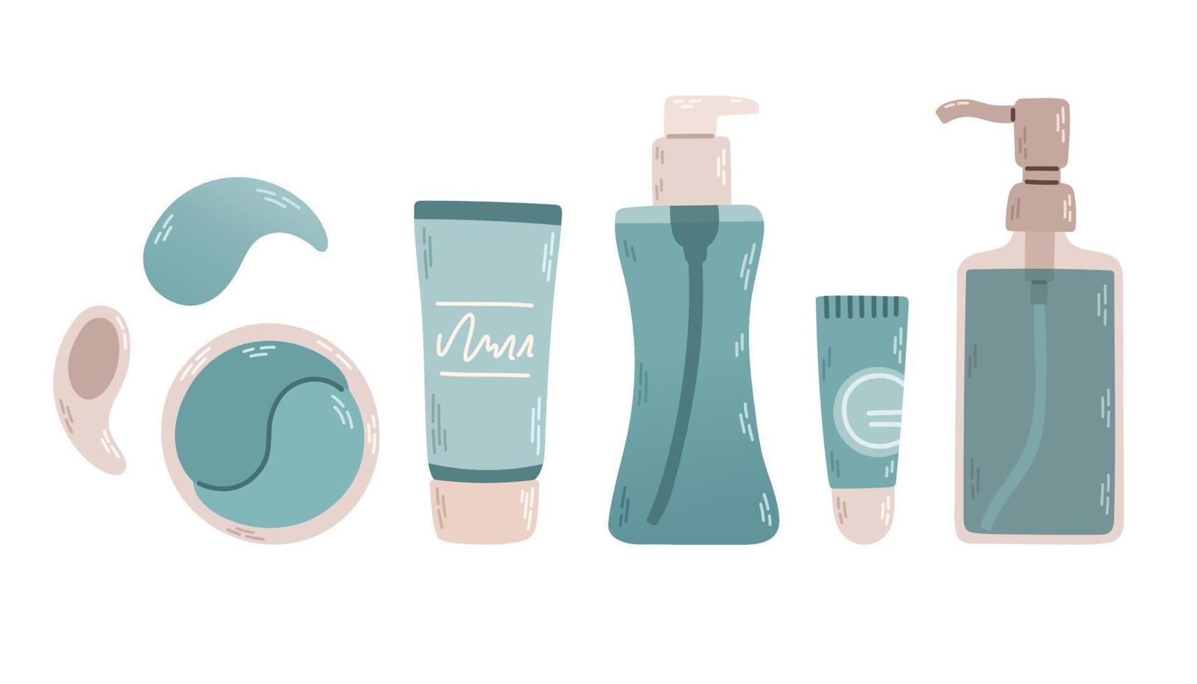 conjunto con productos de belleza. piel, ojos, labios cosméticos y accesorios. ilustración vectorial gráfica plana aislada en fondo blanco vector