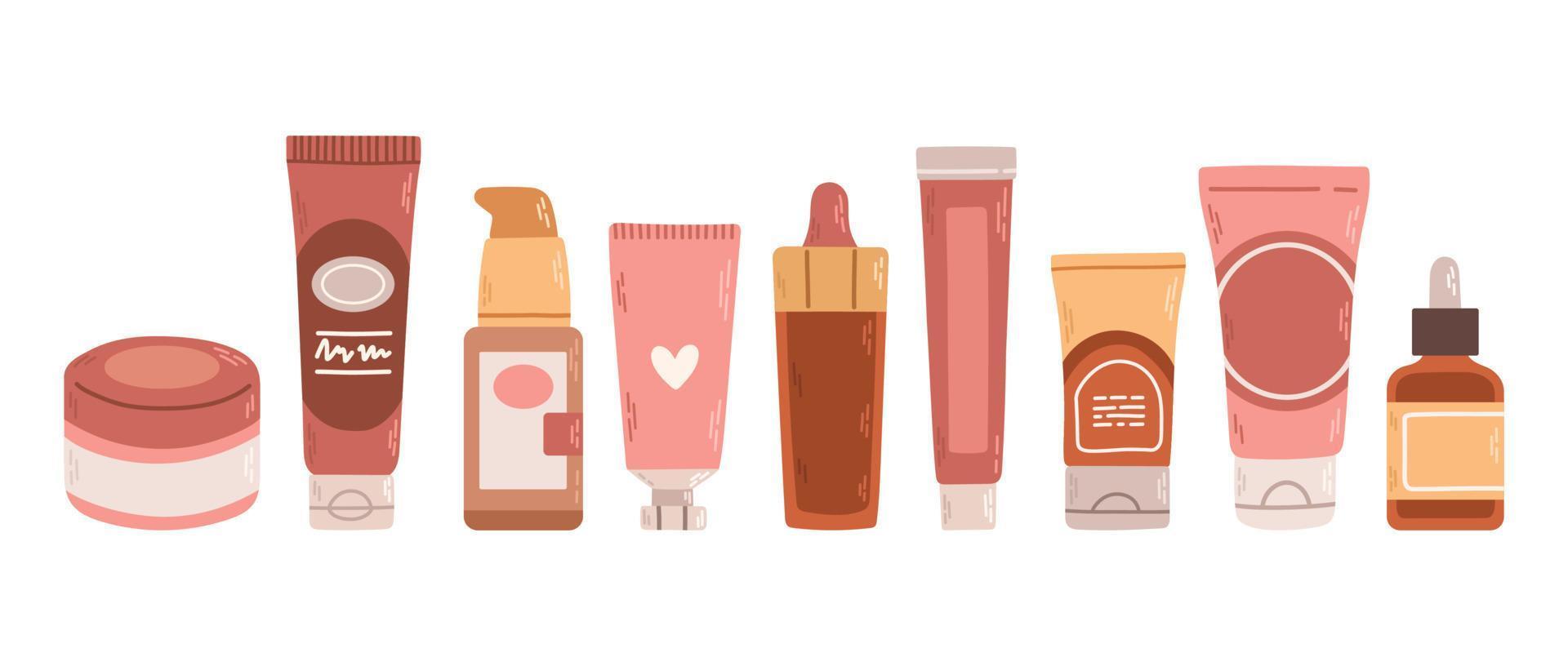 conjunto con productos de belleza. piel, ojos, labios cosméticos y accesorios. ilustración vectorial gráfica plana aislada en fondo blanco vector