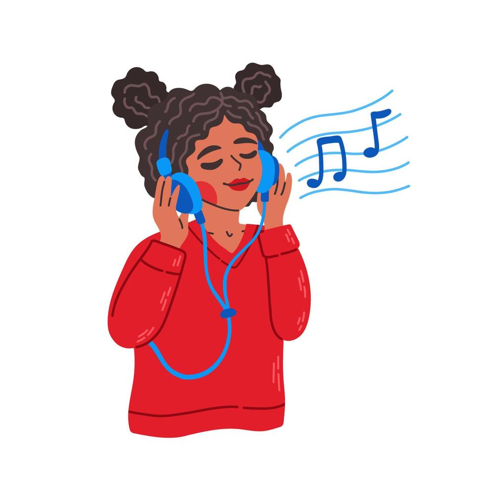 Girl in earphones and headphones, listening to music and dancing. Happy girl using audio player isolated on white background. Flat cartoon vector illustration.