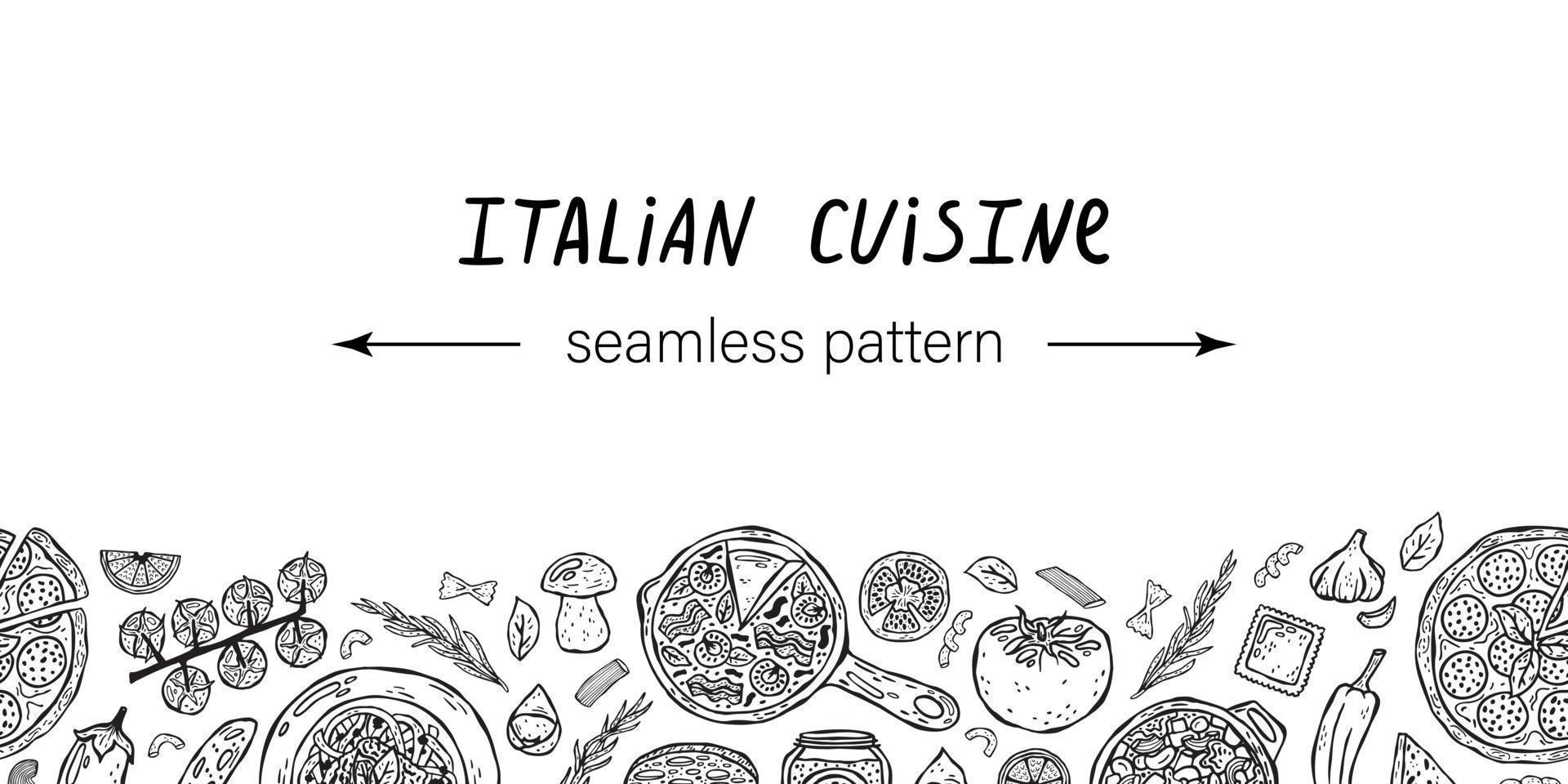 Vector horizontal seamless pattern of hand-drawn illustrations of Italian cuisine.